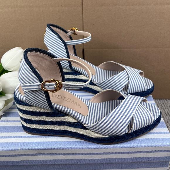 NEW Size 8.5 Stuart Weitzman Mirela Nautical Navy Espadrille Wedge Sandal Shoes - Picture 3 of 12